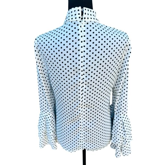 Boston Proper Black White Polka Dot Blouse Ruffled Bell Sleeves Keyhole Neckline - Picture 2 of 11